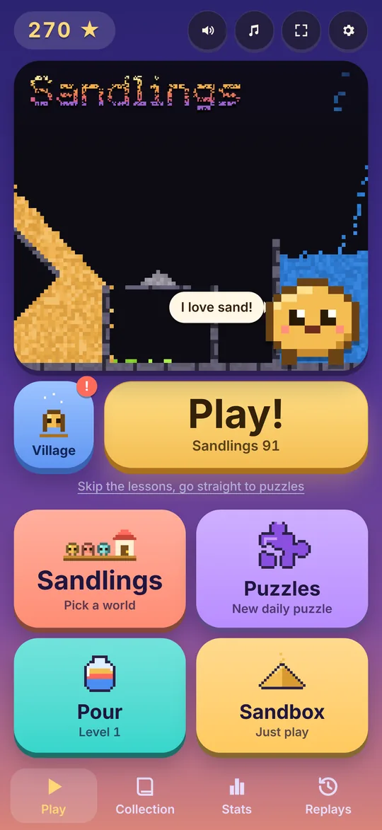 Sandlings home screen with Pip and the Play button